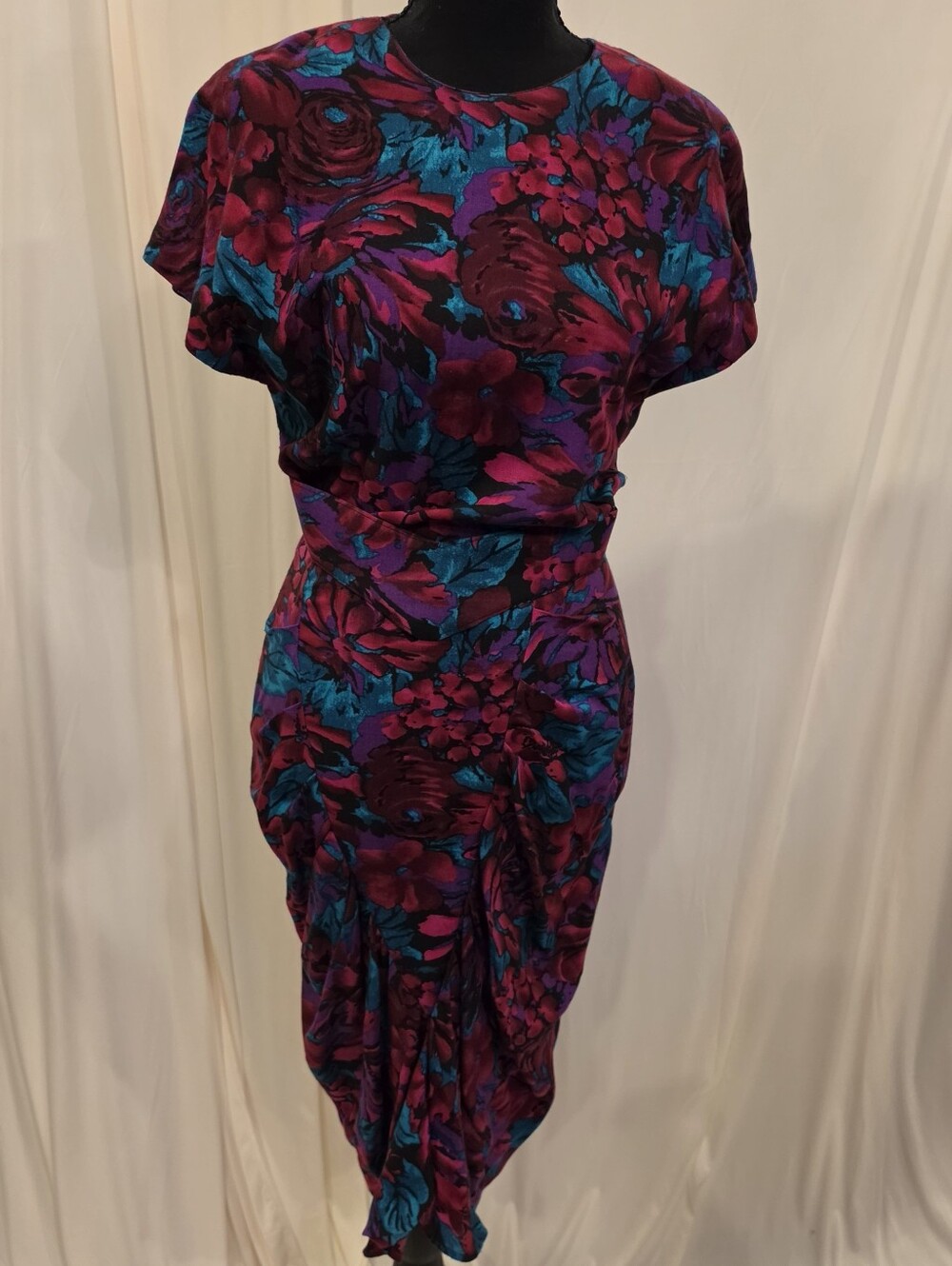 Vtg 80s All That Jazz Purple Teal Red Floral Draped Tulip Midi Dress 5/6 USA